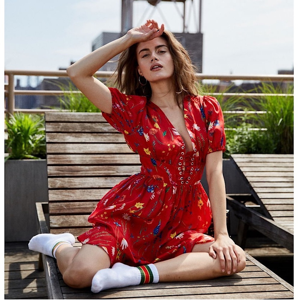 THE KOOPLES Floral Satin Puff Short Sleeve Lace Up Front Ruffle Hem Mini Dress S